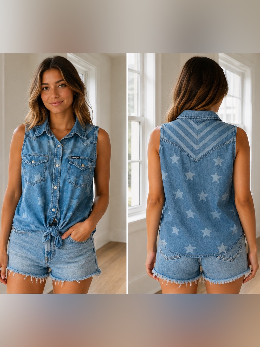 Wrangler Blue Denim Sleeveless Button-Down Star Print Shirt